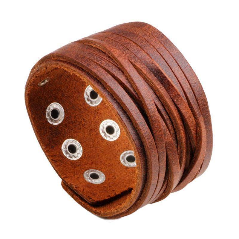 Vintage punk wristband for men made of brown leather with stylish snap closures