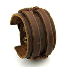 Vintage punk wristband for men featuring dark brown leather and unique stitching details