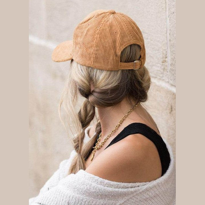 Aili's Corner vintage style ball cap in tan corduroy, perfect accessory for casual outfits