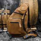 Brown vintage style sling bag for men with multiple pockets and adjustable strap