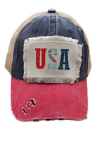 Vintage style USA hat with distressed design and unique color block details for women