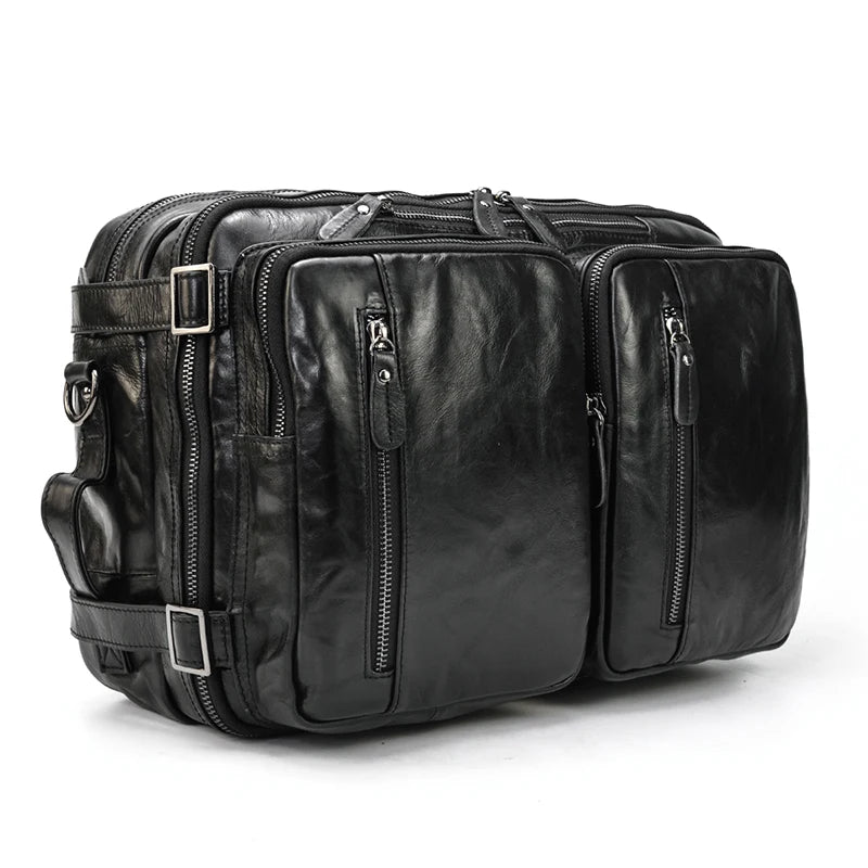 Black leather travel briefcase with front pockets and adjustable strap High Quality Leather Professional Bag 3 Ways to Use .