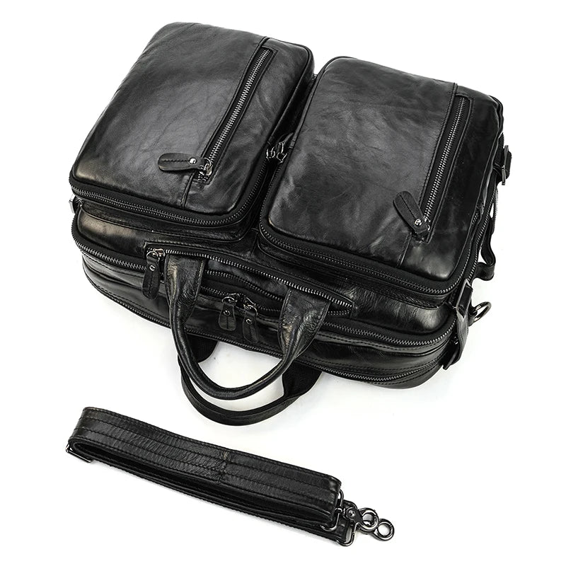 High Quality Leather Professional Bag 3 Ways to Use black leather briefcase with dual front zip pockets and detachable strap