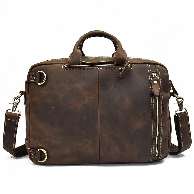 High Quality Leather Professional Bag 3 Ways to Use . Brown distressed leather briefcase with shoulder strap and brass hardware