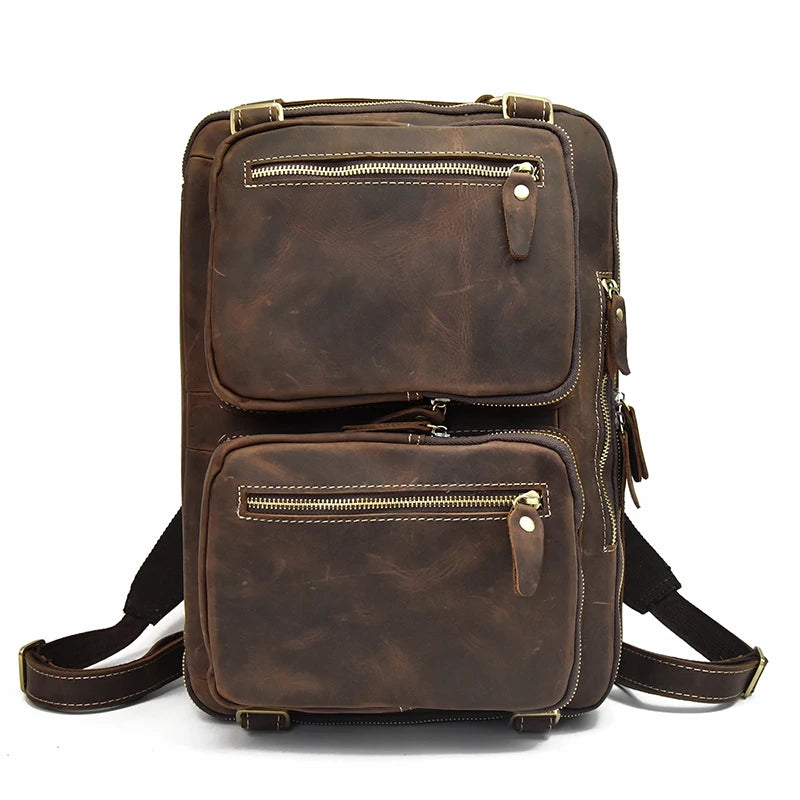 High Quality Leather Professional Bag 3 Ways to Use . Brown distressed leather backpack with two zip pockets