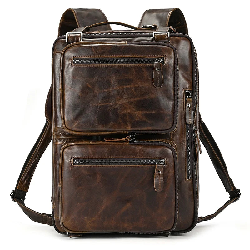 Brown vintage leather backpack with front zip pockets and top handle High Quality Leather Professional Bag 3 Ways to Use .