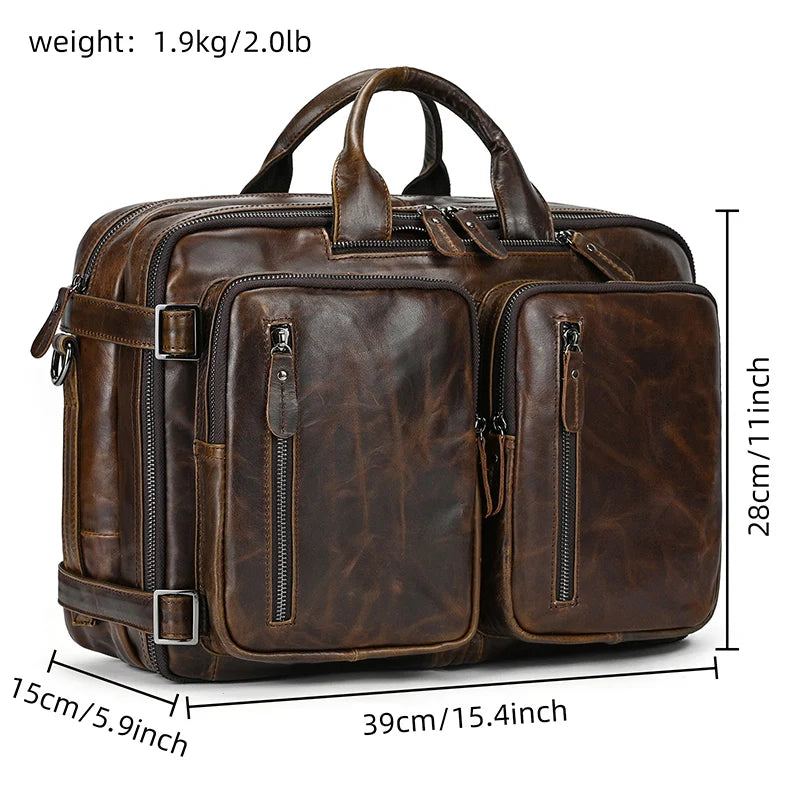 Brown vintage leather briefcase with dual front zip pockets High Quality Leather Professional Bag 3 Ways to Use .