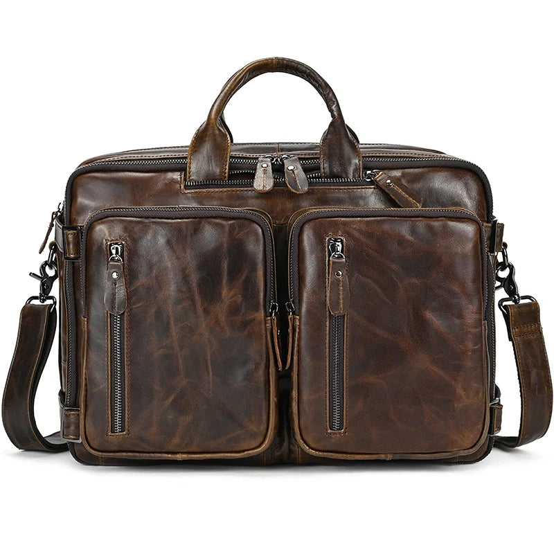 High Quality Leather Professional Bag 3 Ways to Use . Distressed brown leather briefcase with two front zip pockets shoulder strap