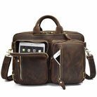 High Quality Leather Professional Bag 3 Ways to Use . Brown leather briefcase with zip pockets showing tablet phone shoulder strap