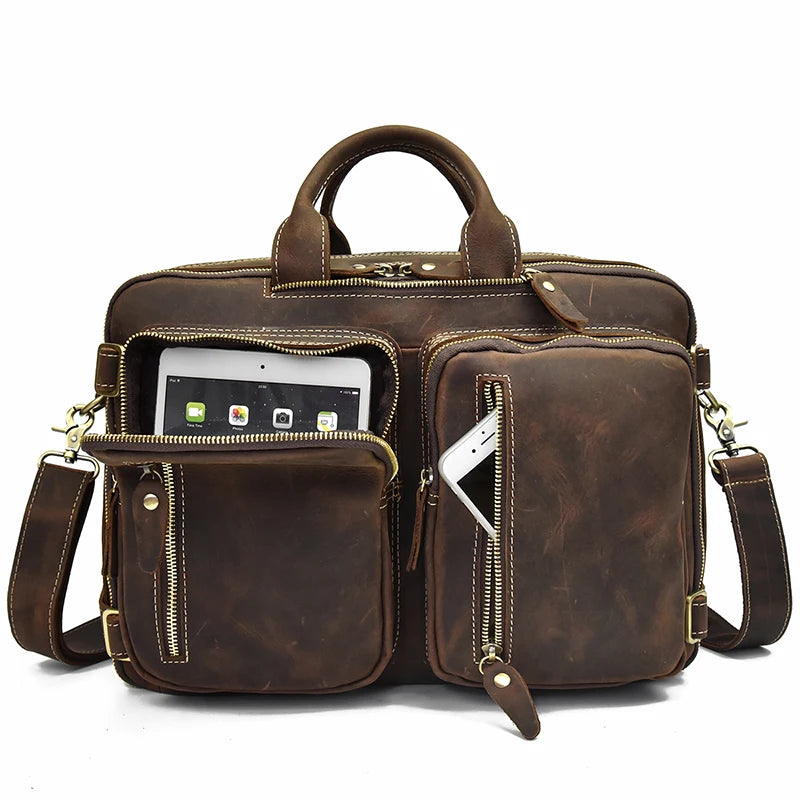 High Quality Leather Professional Bag 3 Ways to Use . Brown leather briefcase with zip pockets showing tablet phone shoulder strap