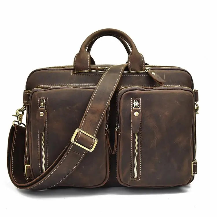 High Quality Leather Professional Bag 3 Ways to Use . Brown distressed leather briefcase with two front pockets and strap