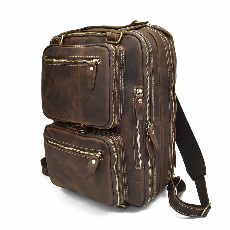 High Quality Leather Professional Bag 3 Ways to Use . Brown convertible leather backpack briefcase with zip pockets