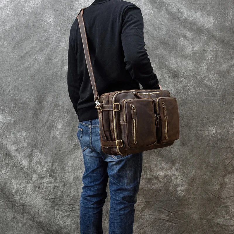 High Quality Leather Professional Bag 3 Ways to Use . Brown leather messenger briefcase worn crossbody by man