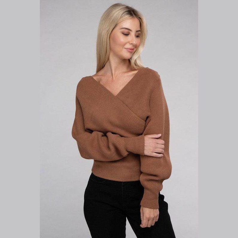 Viscose Cross Wrap Pullover Sweater - VacationGrabs