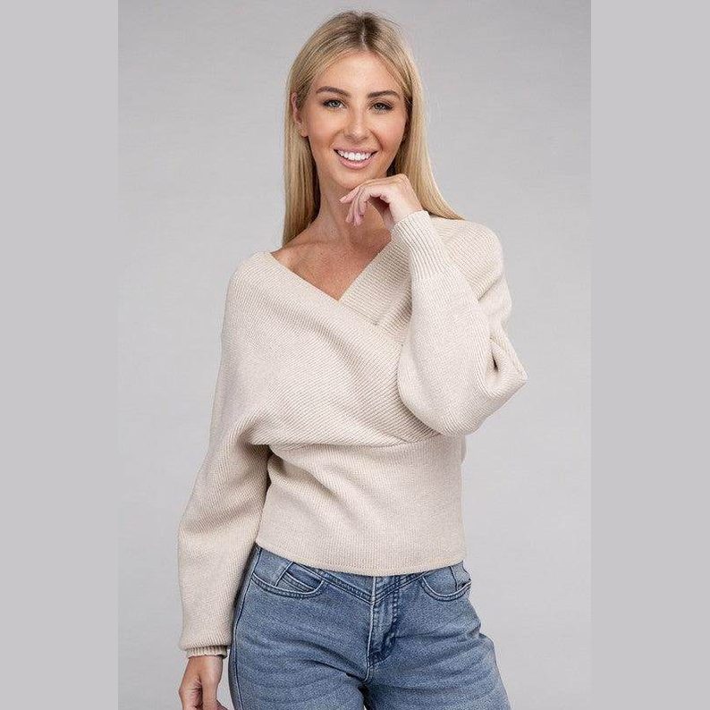 Viscose Cross Wrap Pullover Sweater - VacationGrabs