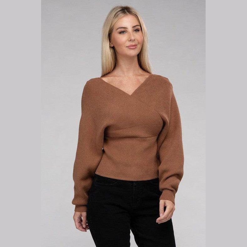 Viscose Cross Wrap Pullover Sweater - VacationGrabs