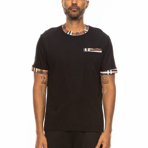 WEIV men's black checkered short sleeve tee with patterned collar and sleeve cuffs