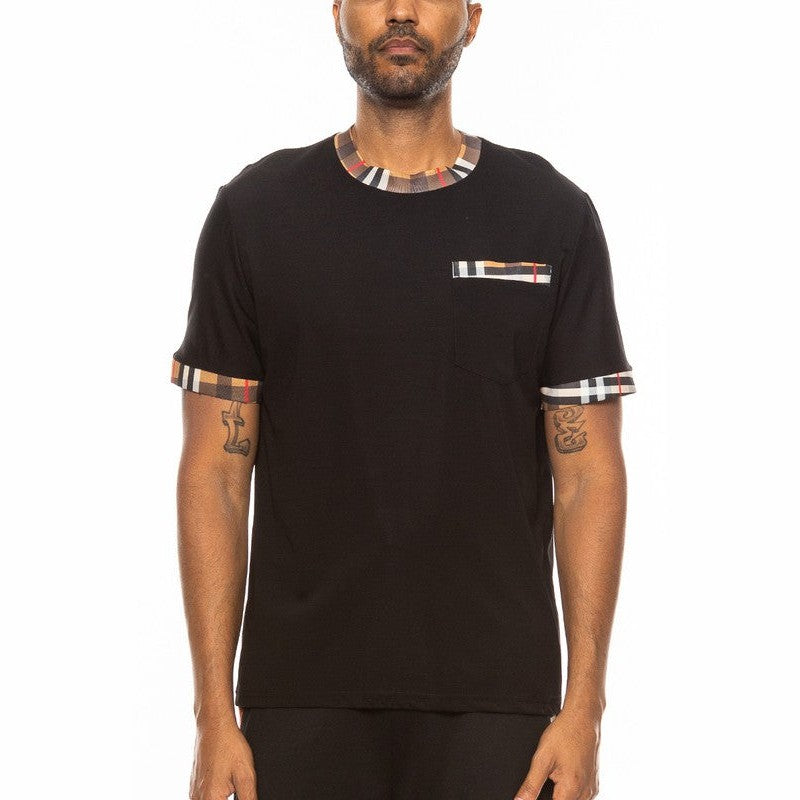 WEIV men's black checkered short sleeve tee with patterned collar and sleeve cuffs