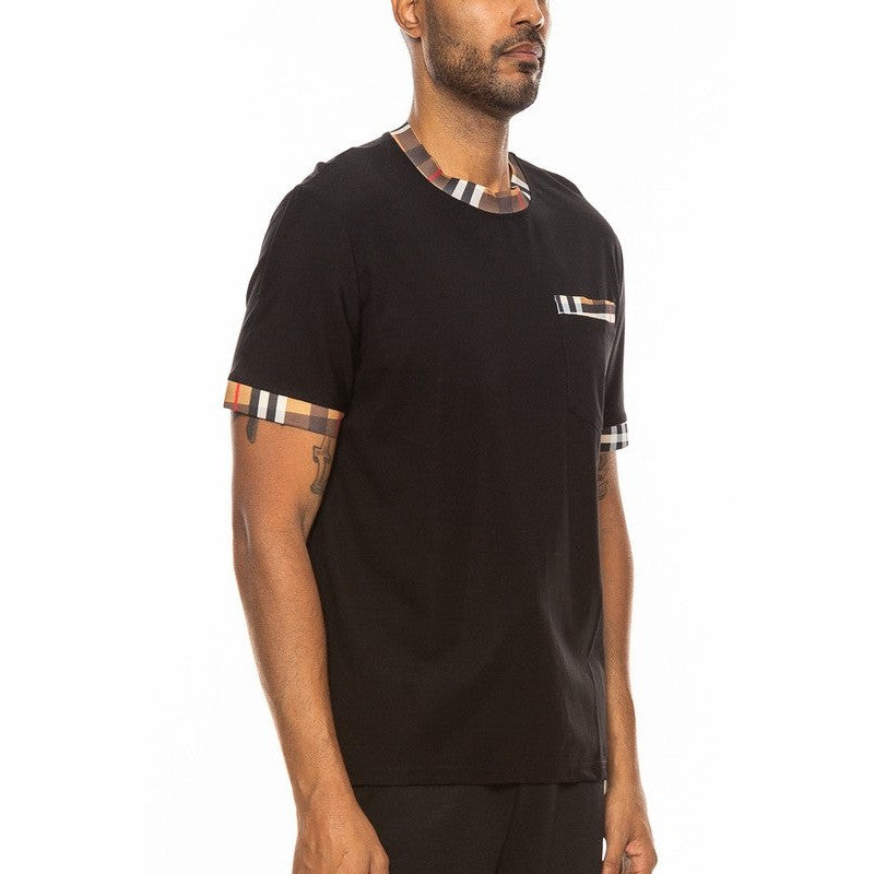 WEIV men's checkered short sleeve tee in black with checkered accents on collar, sleeves, and pocket