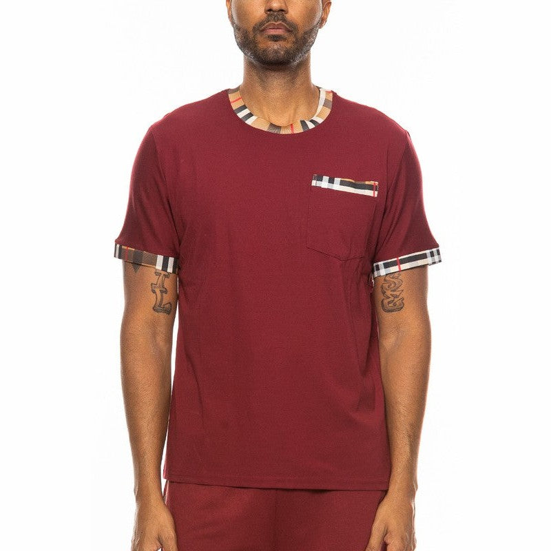 WEIV men's checkered short sleeve tee in maroon with checkered trim on collar sleeves and pocket
