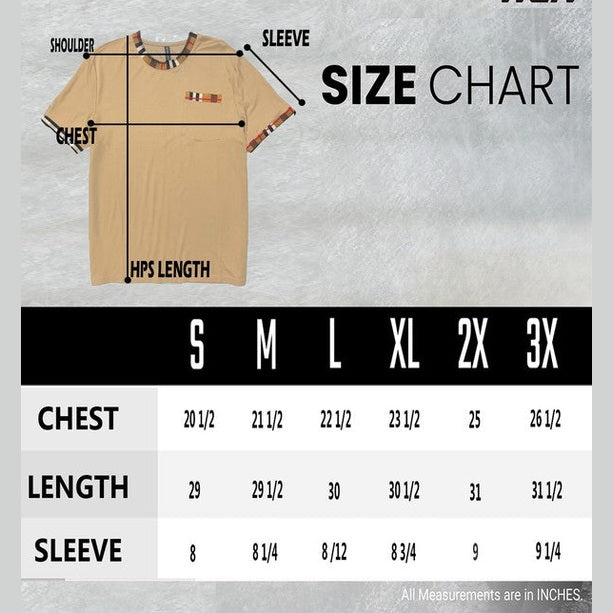 WEIV size chart for men's checkered short sleeve tee with measurements for chest length and sleeve