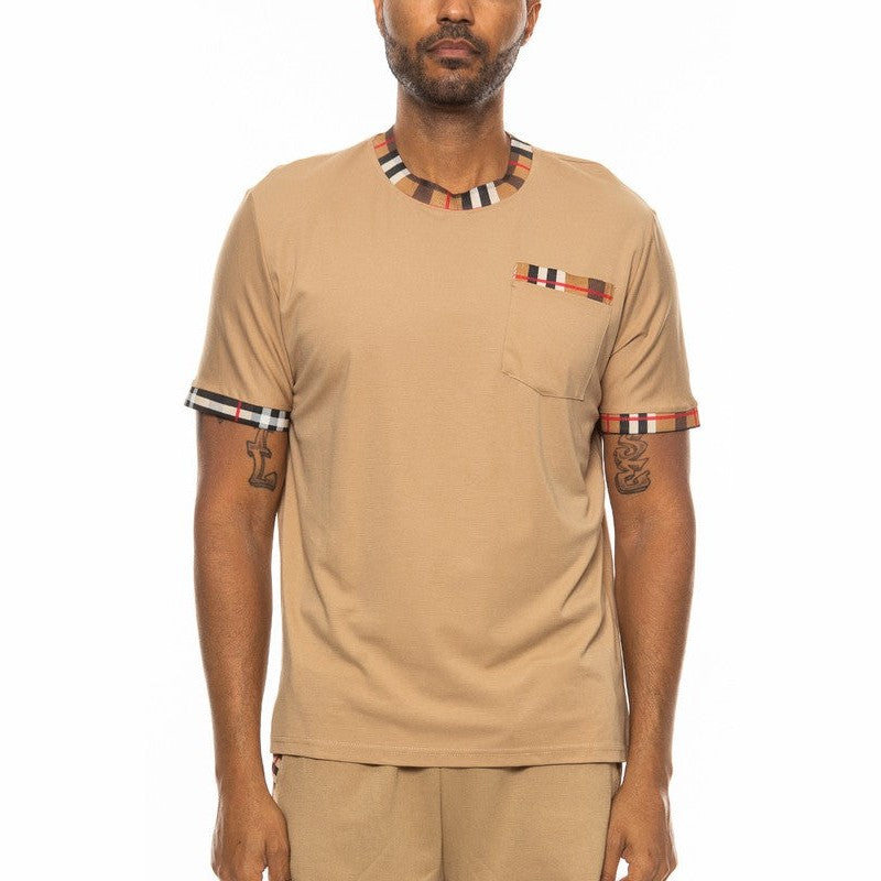 WEIV men's checkered short sleeve tee in beige with patterned trim on collar sleeves and pocket