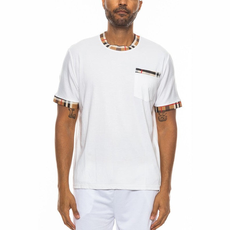WEIV men's white checkered short sleeve tee with patterned collar and sleeve cuffs