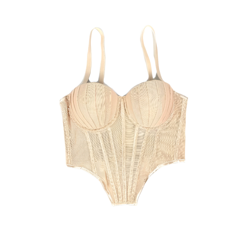 Beige sheer sexy clubwear bustier shirt with padded cups and adjustable straps