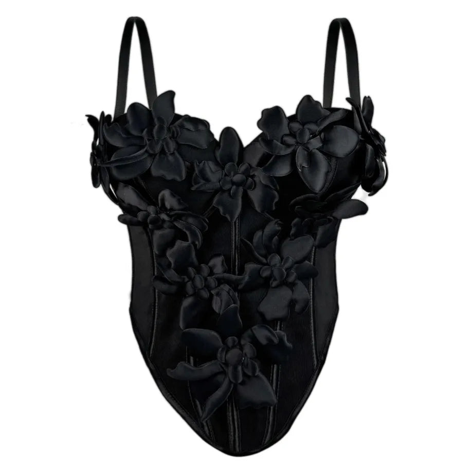 Black sexy clubwear bustier shirt with floral applique and adjustable straps from VacationGrabs