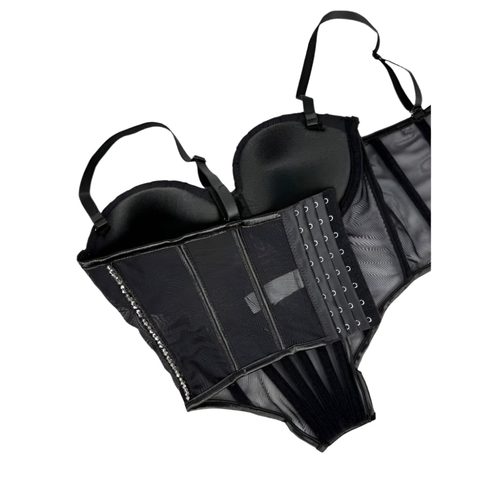 Black sexy clubwear bustier shirt with adjustable straps and hook-and-eye closure