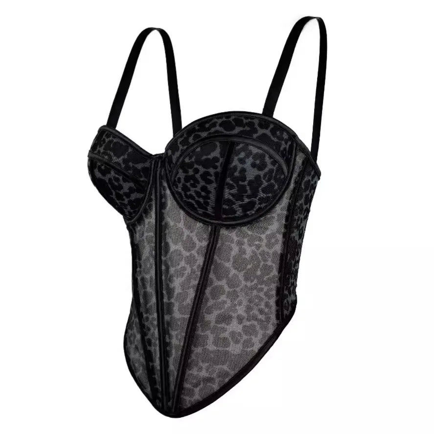 VacationGrabs sexy clubwear bustier shirt in black leopard print mesh with adjustable straps