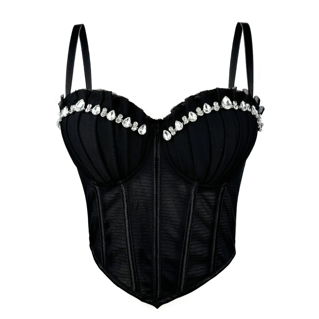 Black sexy clubwear bustier shirt with rhinestone detailing and adjustable straps