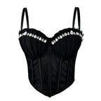 Black sexy clubwear bustier shirt with rhinestone detailing and adjustable straps
