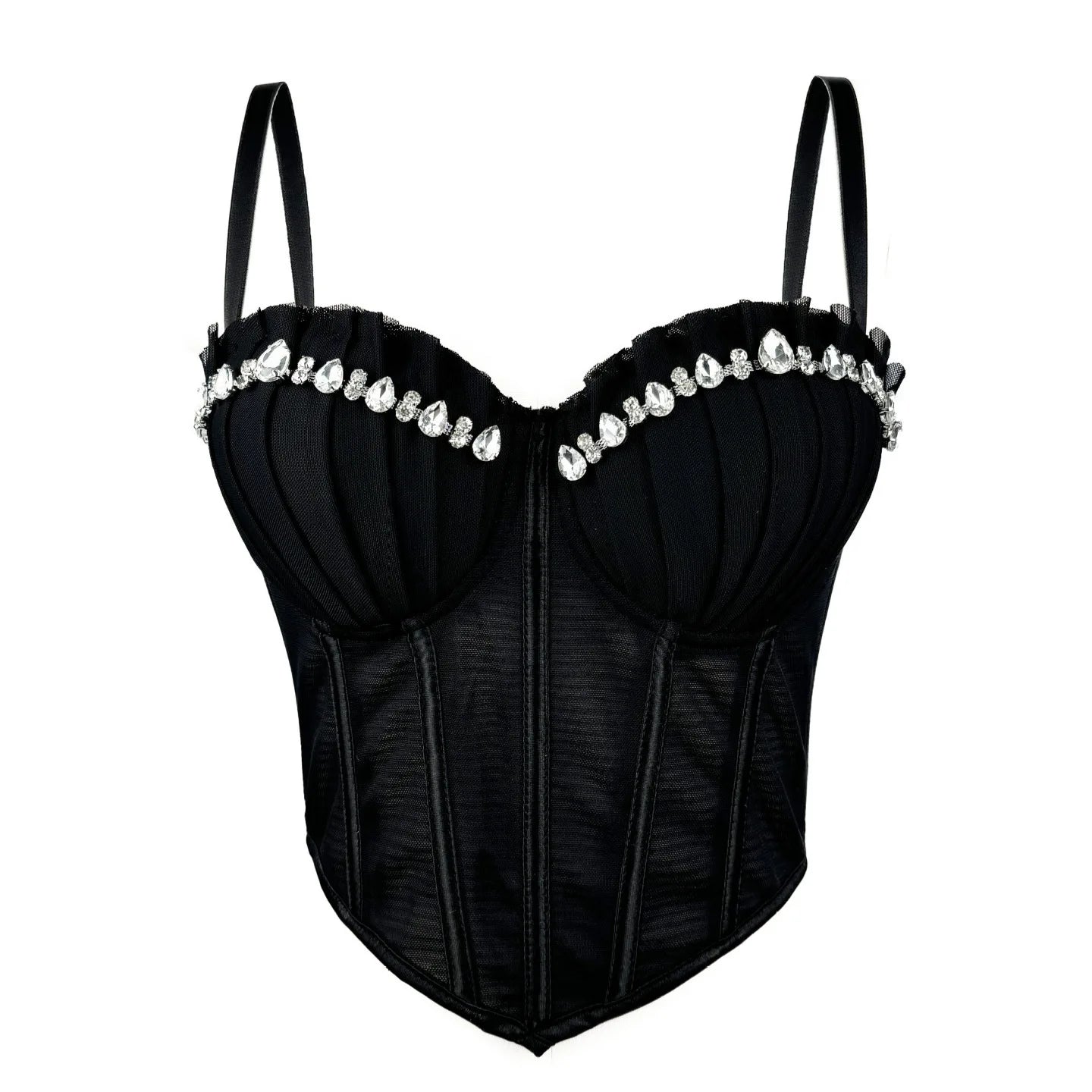 Black sexy clubwear bustier shirt with rhinestone detailing and adjustable straps