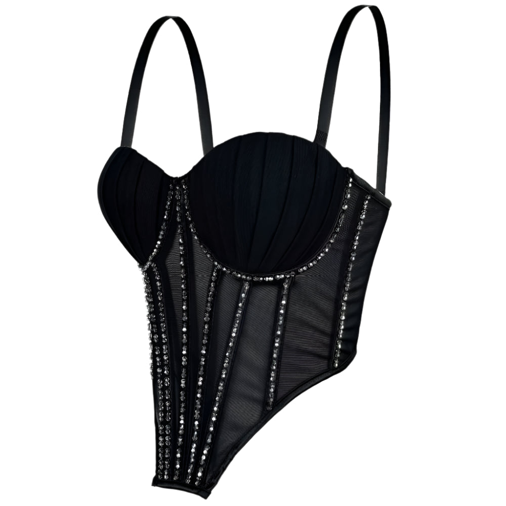 Black sexy clubwear bustier shirt with mesh panels and sequin detailing by VacationGrabs