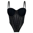 Black sexy clubwear bustier shirt with mesh panels and decorative bead detailing