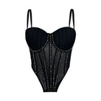 Black sexy clubwear bustier shirt with mesh panels and decorative bead detailing