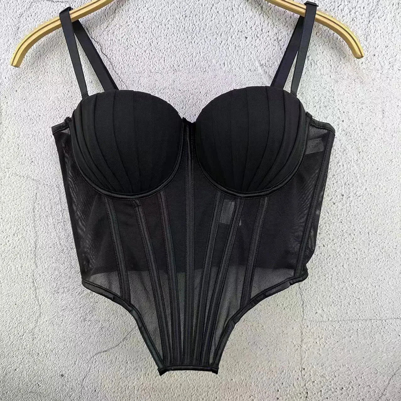 Black sexy clubwear bustier shirt with padded cups and sheer mesh panels by VacationGrabs