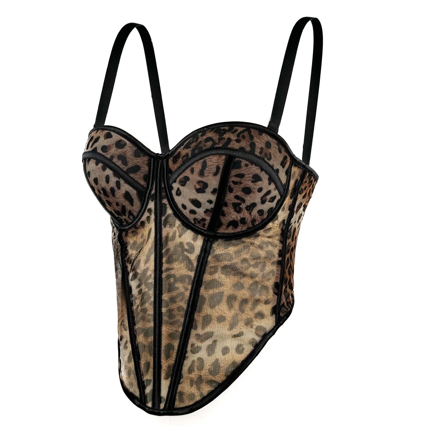 Leopard print sexy clubwear bustier shirt with black trim and adjustable straps