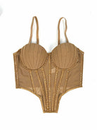 Beige sexy clubwear bustier shirt with structured cups and sequin detailing by VacationGrabs