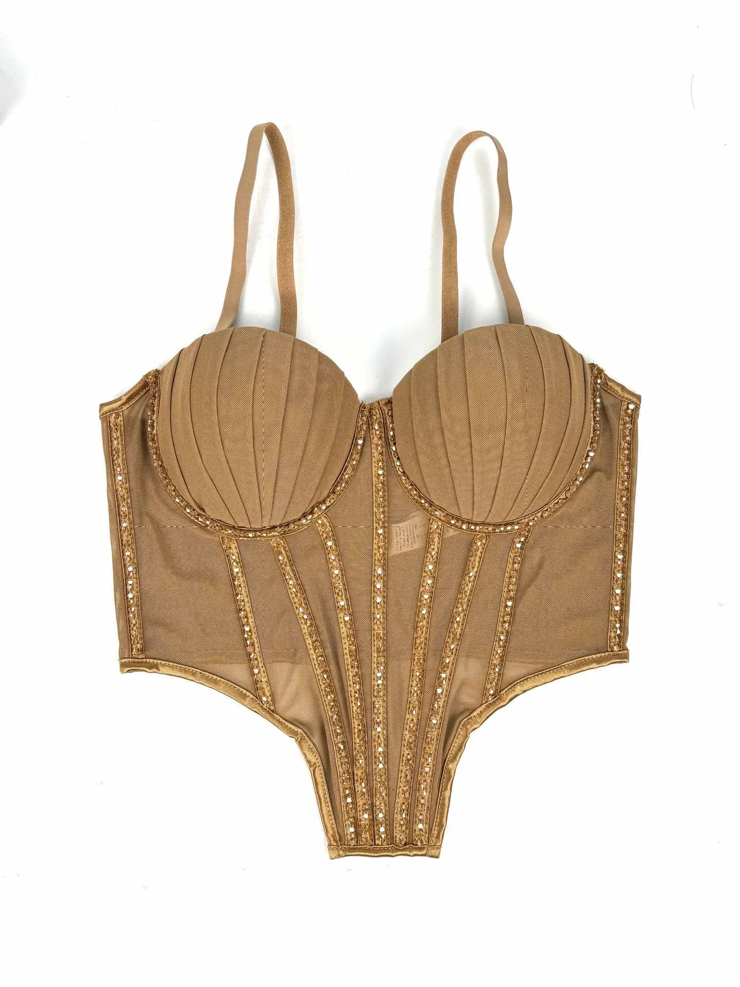 Beige sexy clubwear bustier shirt with structured cups and sequin detailing by VacationGrabs