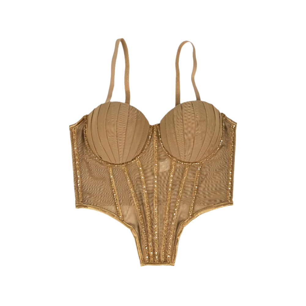 Beige sexy clubwear bustier shirt with padded cups and mesh detailing for stylish nightlife