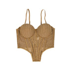 Beige sexy clubwear bustier shirt with padded cups and mesh detailing for stylish nightlife