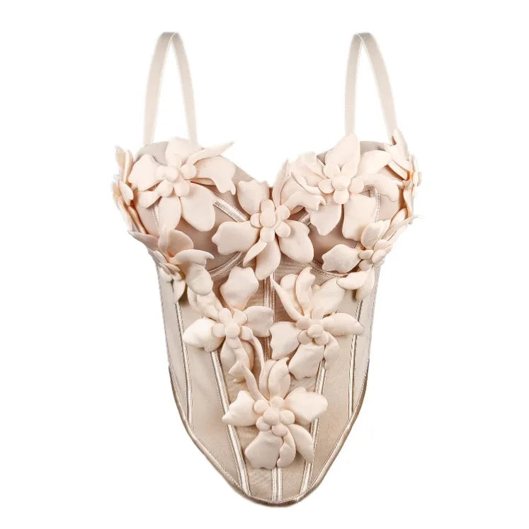 Beige sexy clubwear bustier shirt with 3D floral appliques and adjustable shoulder straps