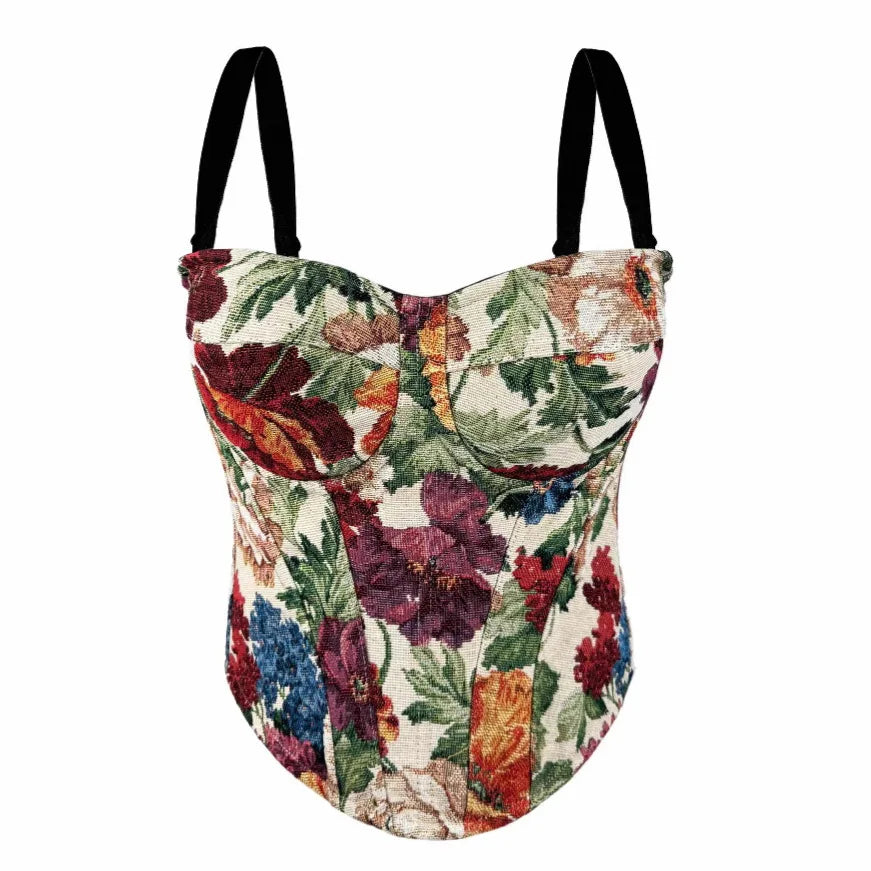Floral print sexy clubwear bustier shirt with black straps by VacationGrabs