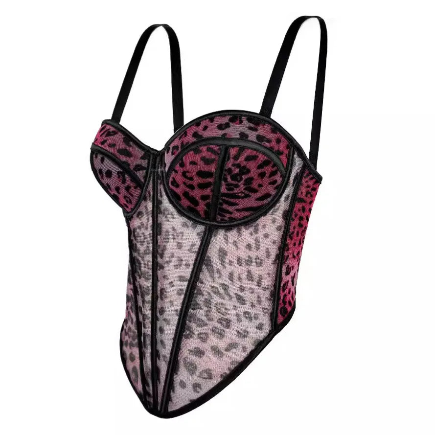 VacationGrabs sexy clubwear bustier shirt in pink and black leopard print with sheer mesh and thin straps