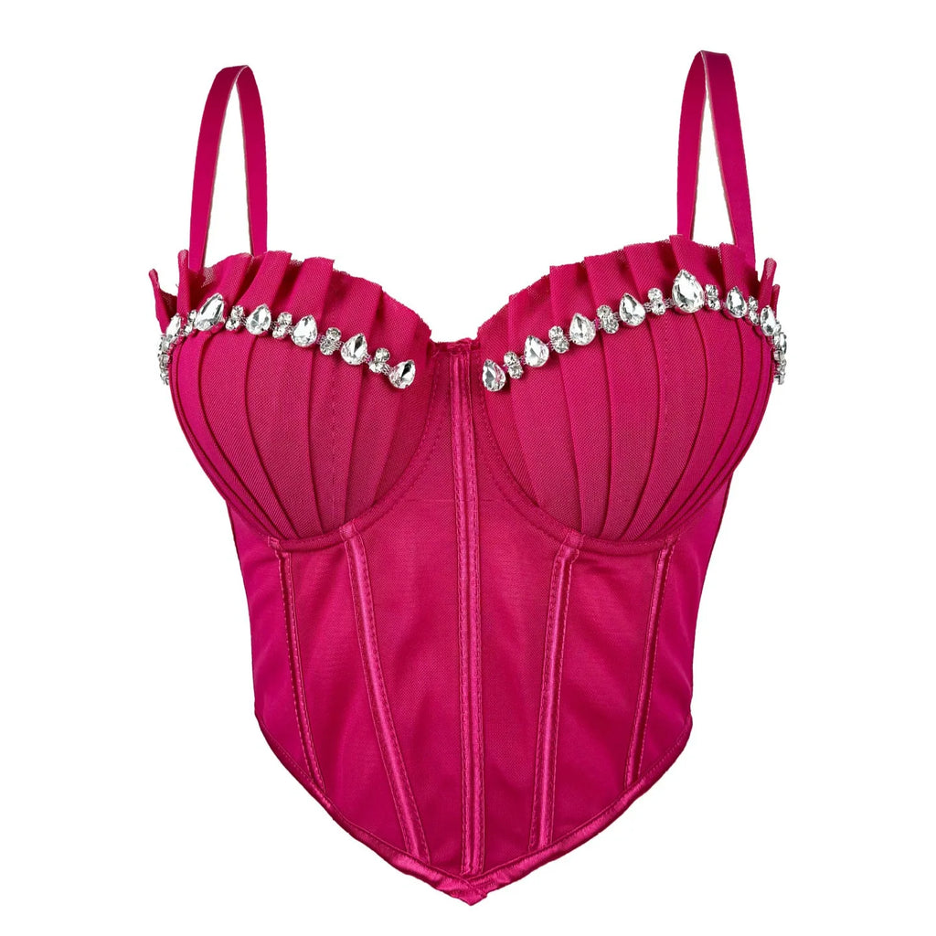 Pink sexy clubwear bustier shirt with rhinestone detailing and adjustable straps