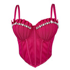 Pink sexy clubwear bustier shirt with rhinestone detailing and adjustable straps
