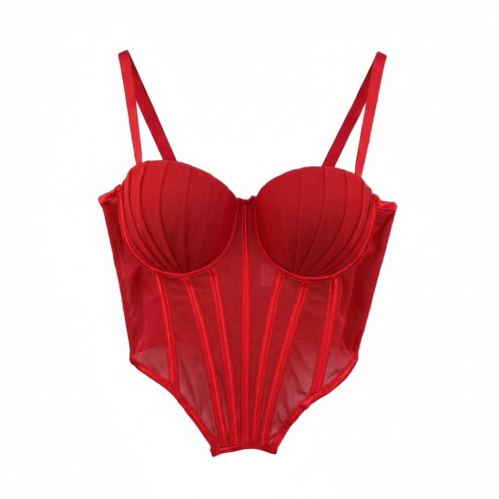 Red sexy clubwear bustier shirt with structured cups and sheer panels hanging on wooden hanger