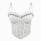White sexy clubwear bustier shirt with rhinestone embellishments and adjustable straps